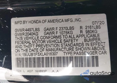 2020 Acura Tlx Tech Package from USA, damaged, VIN 19UUB1F5XLA016307
